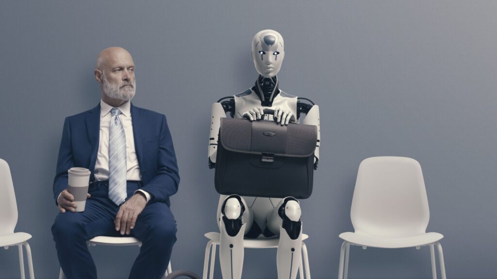 A man and a robot waiting for a job interview