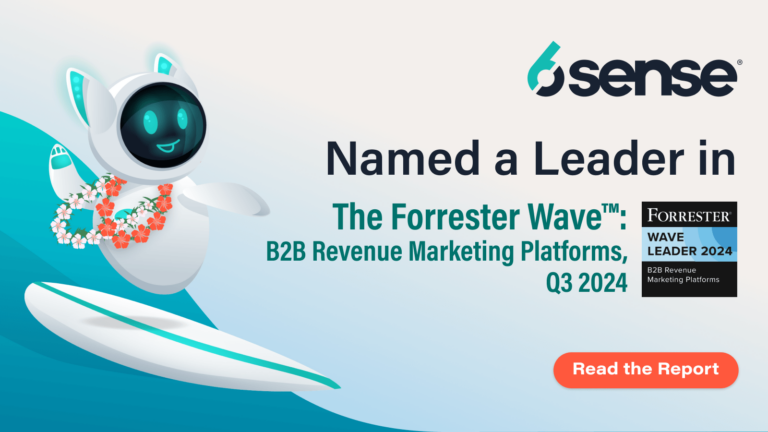 6sense platform named Leader in Forrester Wave: B2B Revenue Marketing Platforms with robot mascot and report CTA.
