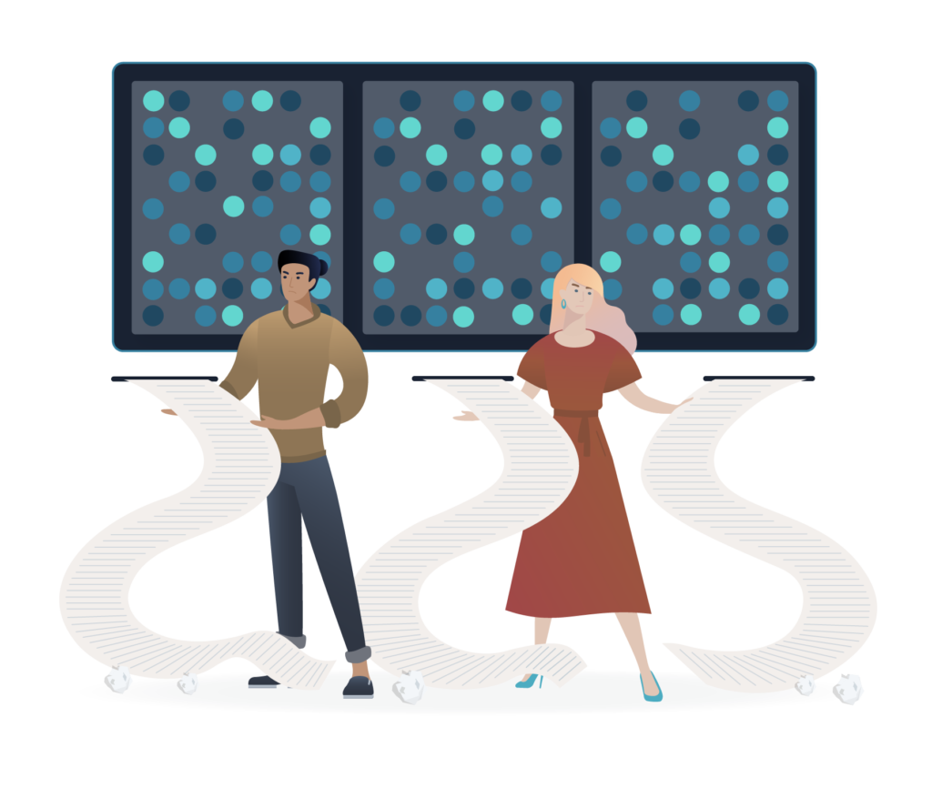 graphic of two sales people holding long lists