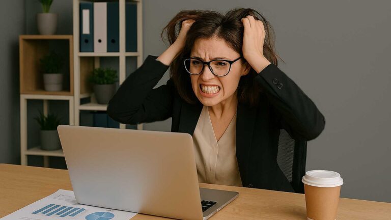 frustrated marketer pulling hair while looking at laptop