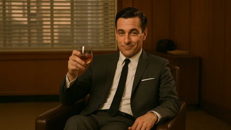 Mad Men-era marketer holding a roly-poly glass of bourbon and-smirking.
