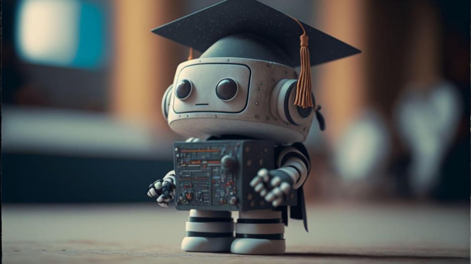 Cute toddler-looking robot wearing a graduation cap